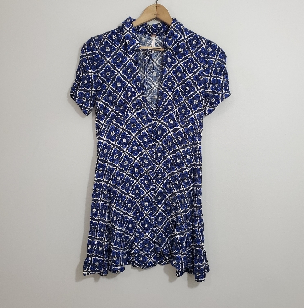 Free People Melody Blue/White Print Button Down Mini Dress